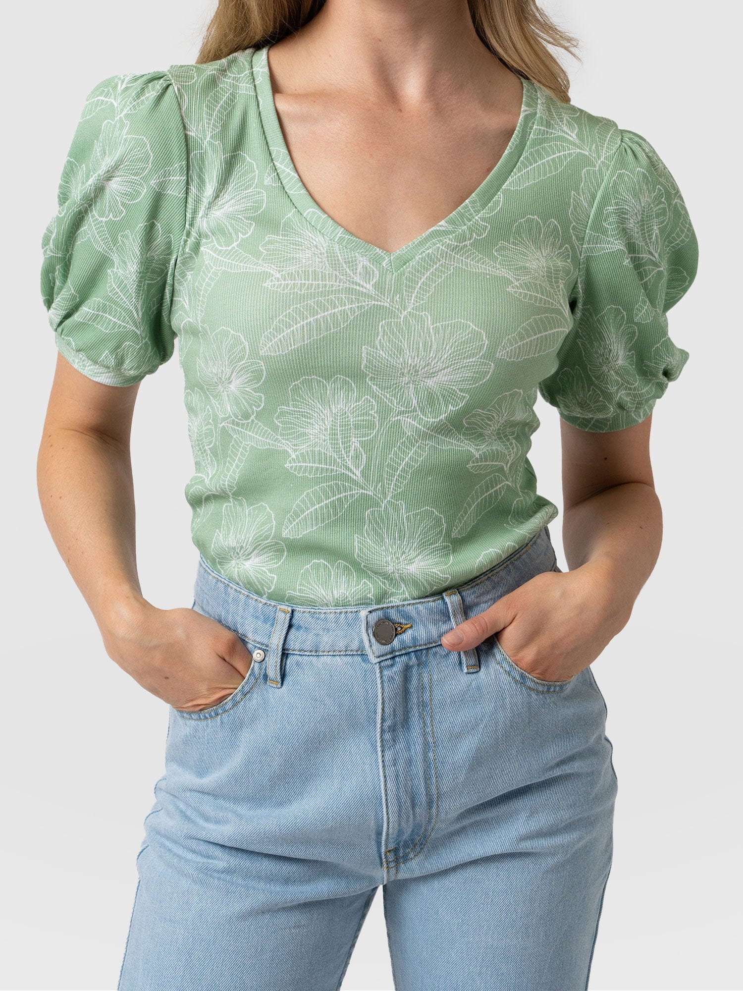 Cavendish V Neck Tee Green Stencil Floral - Women's T-Shirts | Saint + Sofia® UK